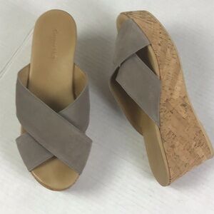 Garnet Hill Women’s 9 Gray Suede Crossover Straps Cork wedge Platform Slides